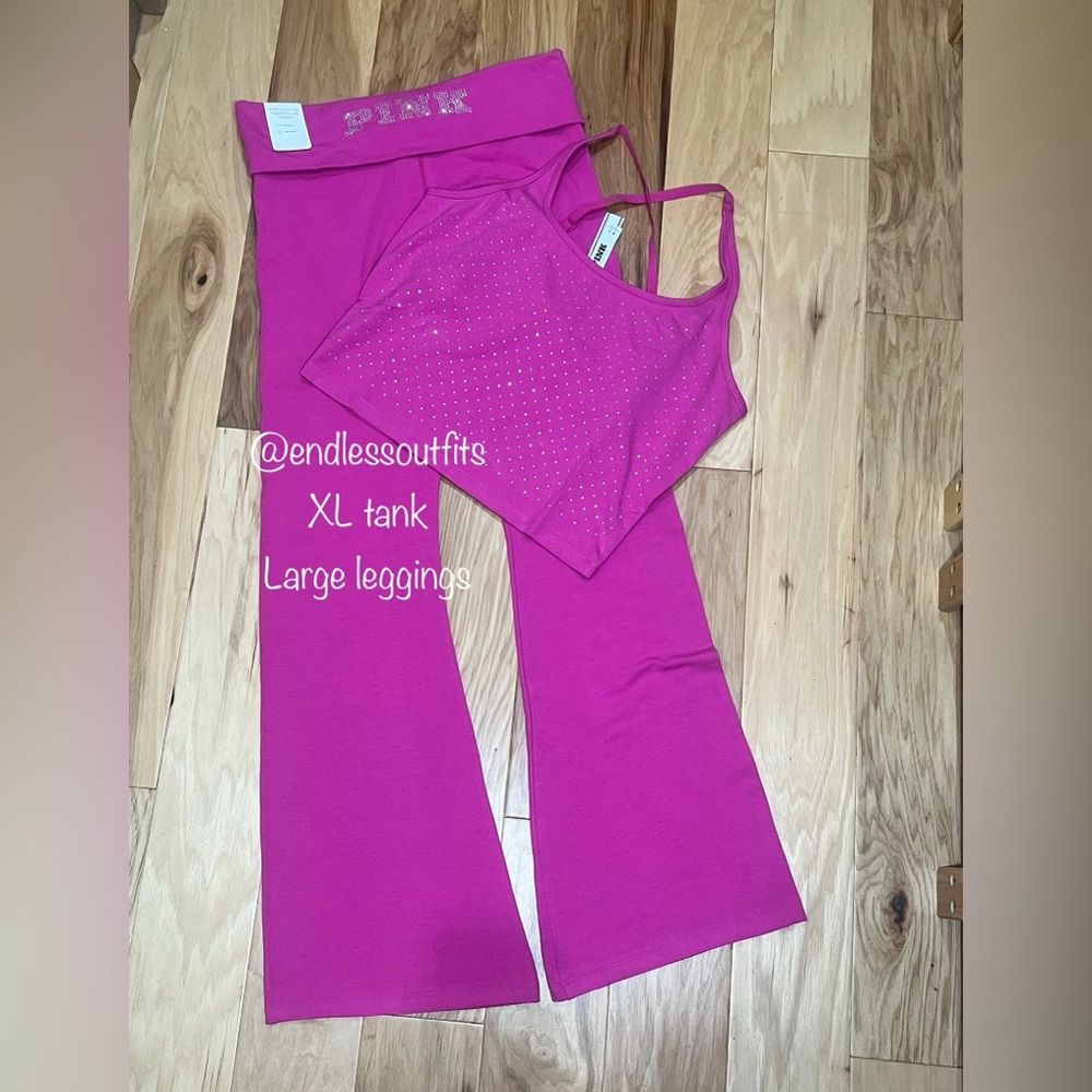 VS PINK BLING PINK FIRE FLARE LEGGINGS & MATCHING BLING PINK TANK TOP OUTFIT